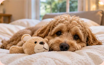 A curly puppy snuggled with a teddy bear on a fluffy bed