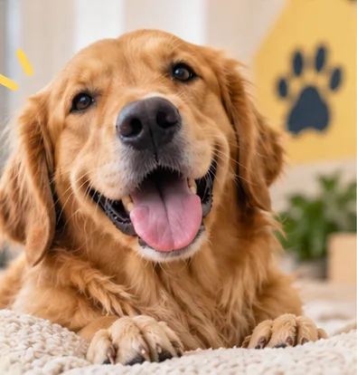 A smiling golden retriever resting its paws on a knitted blanket