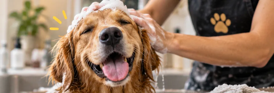 A golden retriever with eyes closed and a big smile being lathered by a groomer