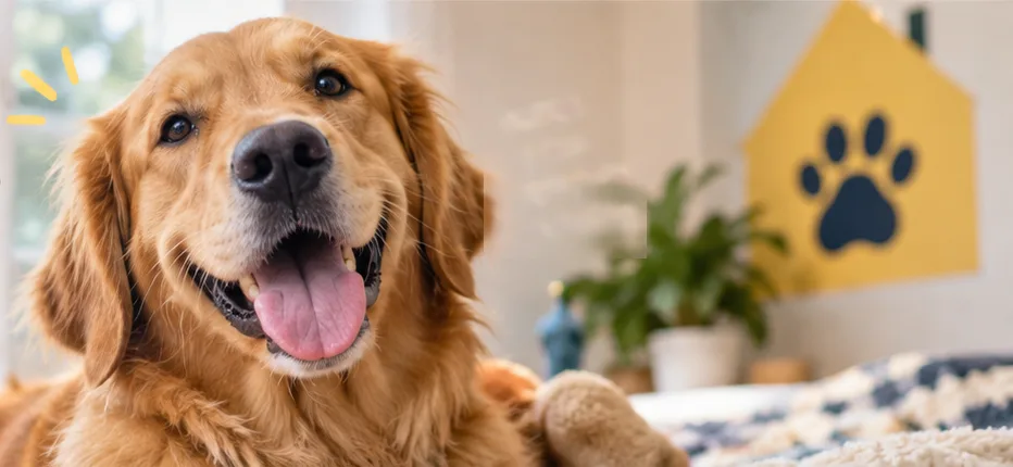 A happy golden retriever lying on a cosy bed, tongue out