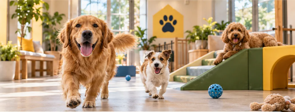 A golden retriever and a small terrier trotting across the bright indoor play space, with a poodle on a climbing ramp