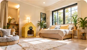 A bright guest suite with a yellow pet house, soft rug and bed