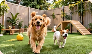 Two dogs running across the turf in the outdoor play yard